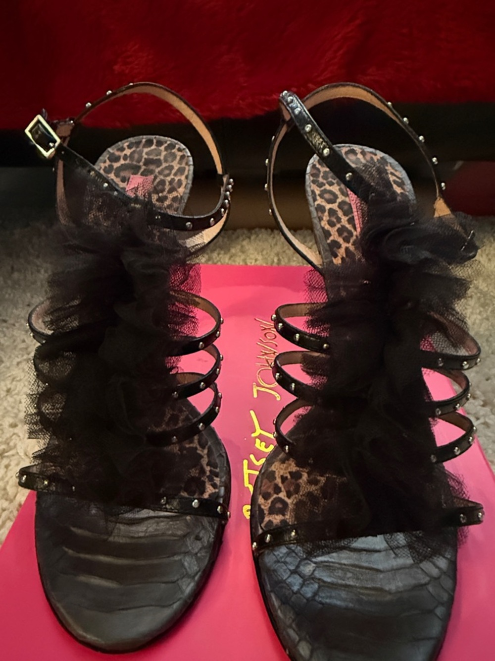 Betsey Johnson Abigail Black Tulle Leopard Insole Studded Strappy Sandals - Picture 2 of 8